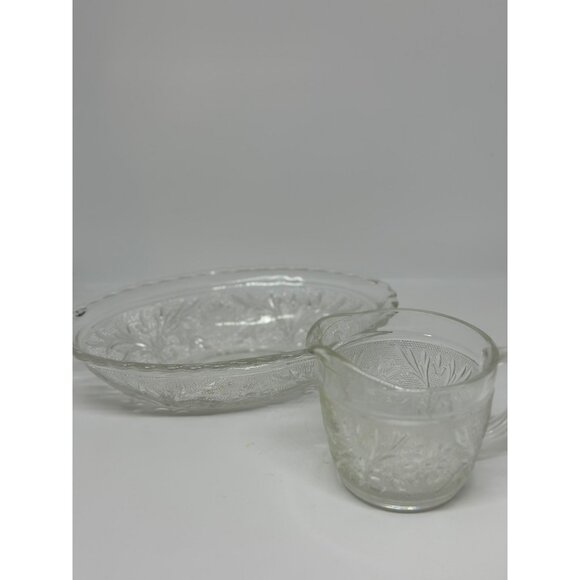 VTG Anchor Hocking Clear Glass Creamer & Oval Platter Set With Floral Etching - Picture 1 of 7